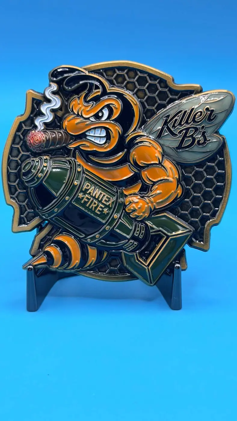 Colorful corporate team challenge coin with character artwork